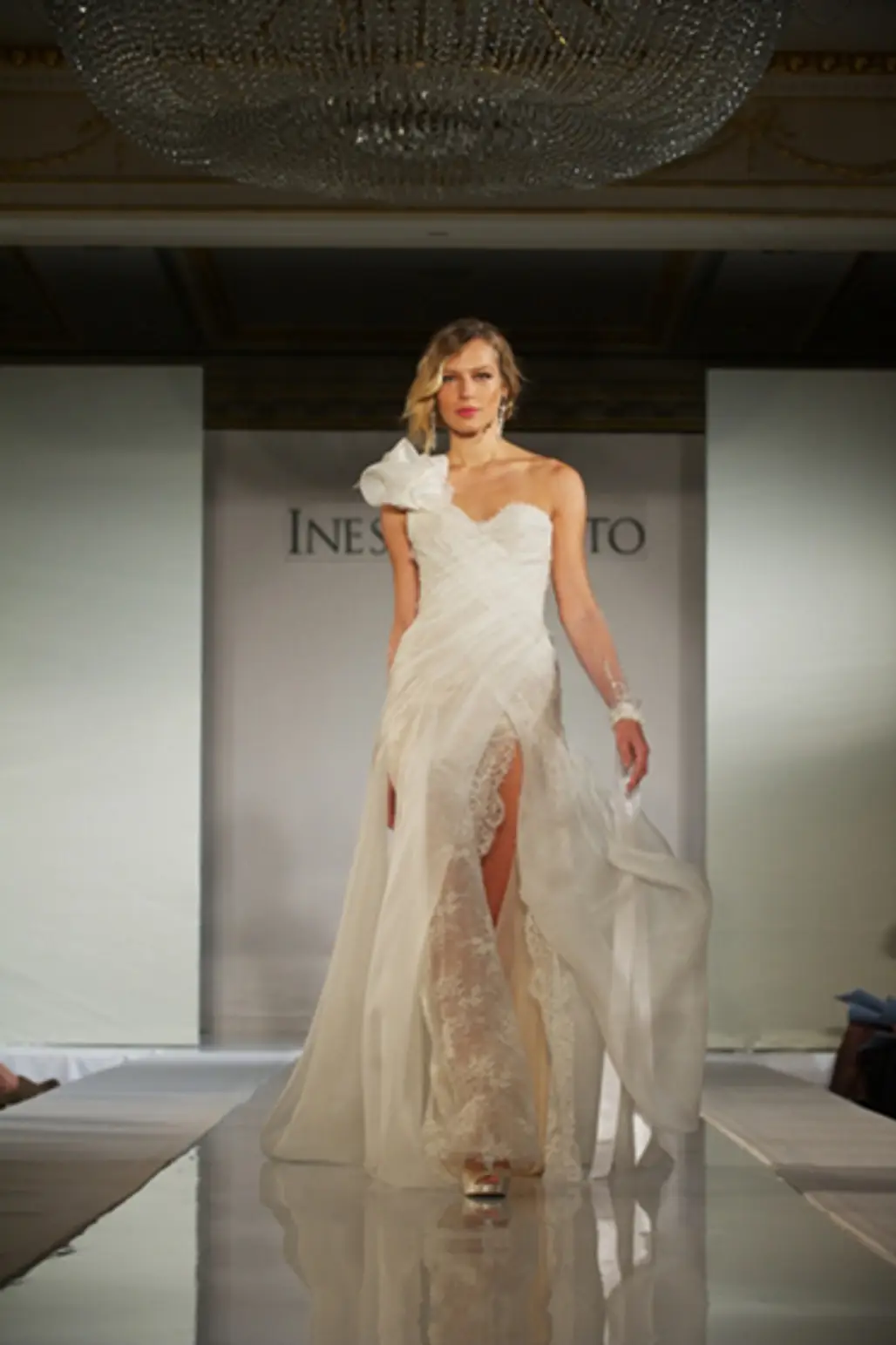 Ines Di Santo "Cameo" Ivory One Shoulder Sweetheart Gown with Lace Underlay