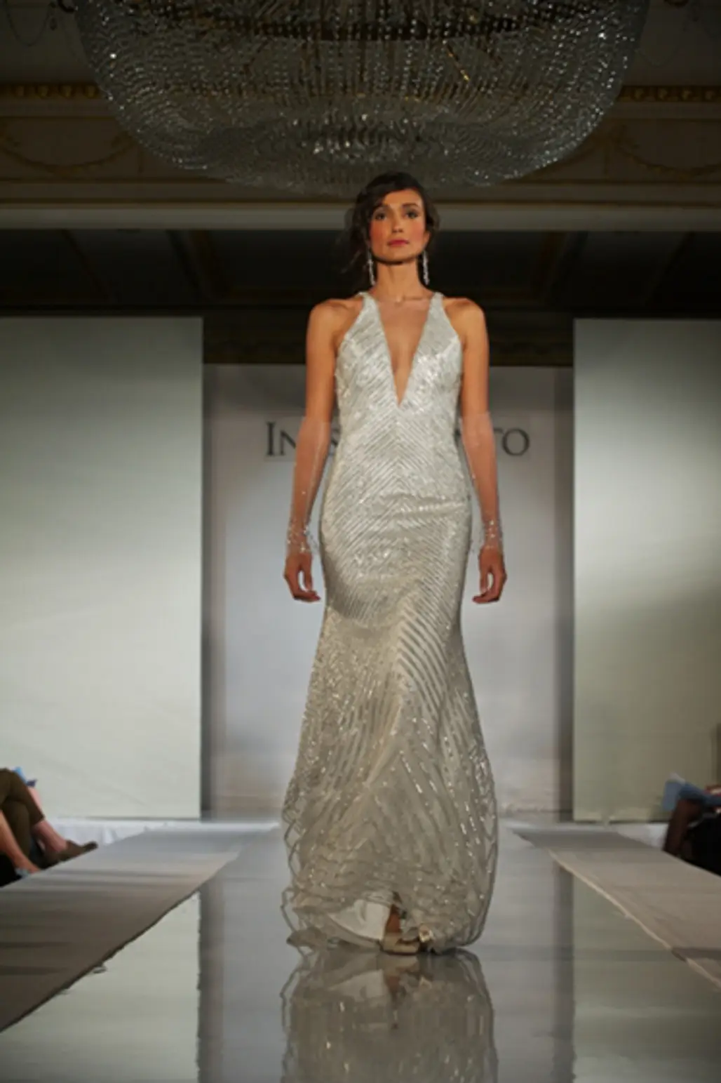 Ines Di Santo "Emmy" Silver Sequin Plunging Neckline Fit-and-Flare Gown