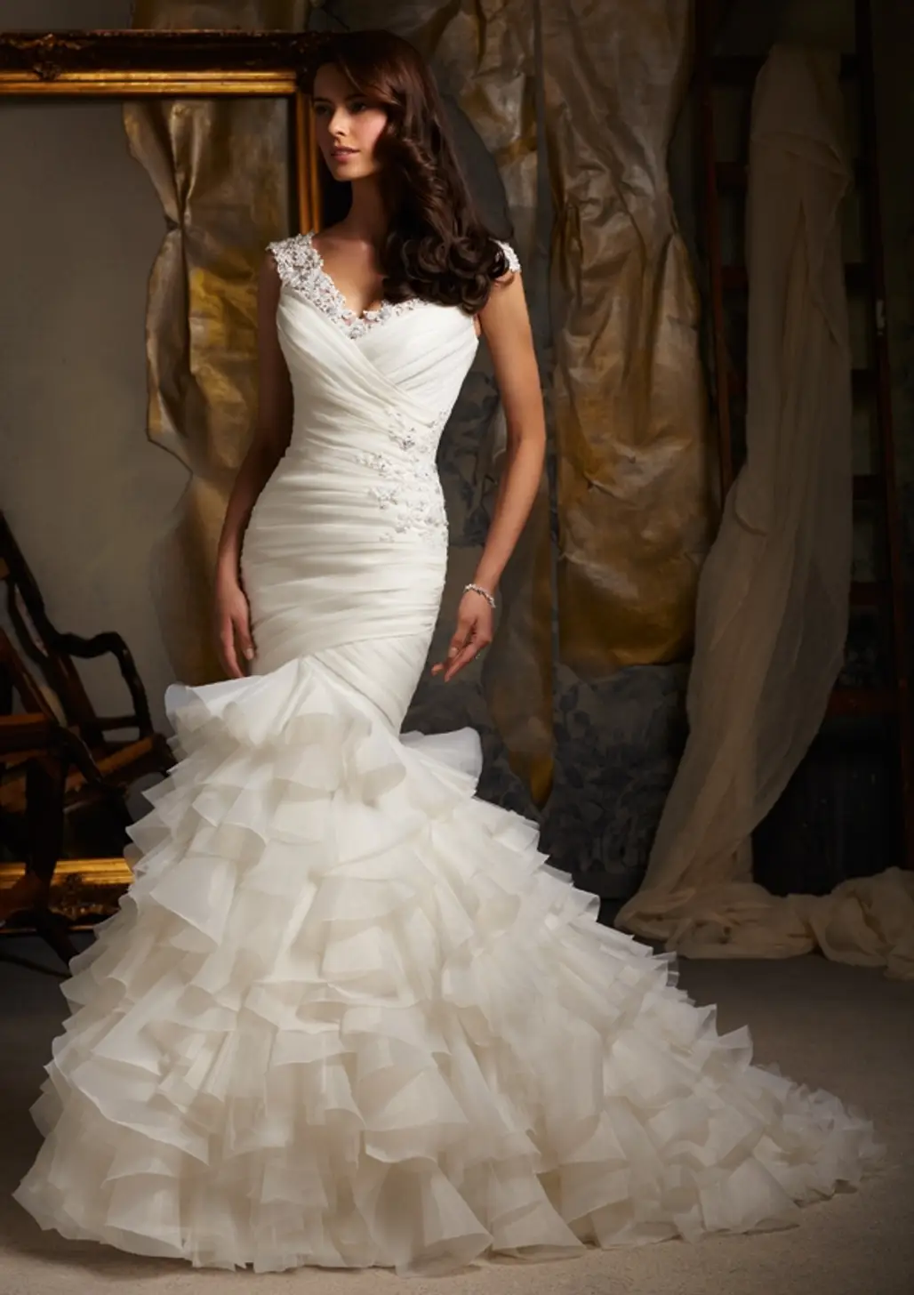 Mori Lee Beaded Lace Ruffle Wedding Dress...