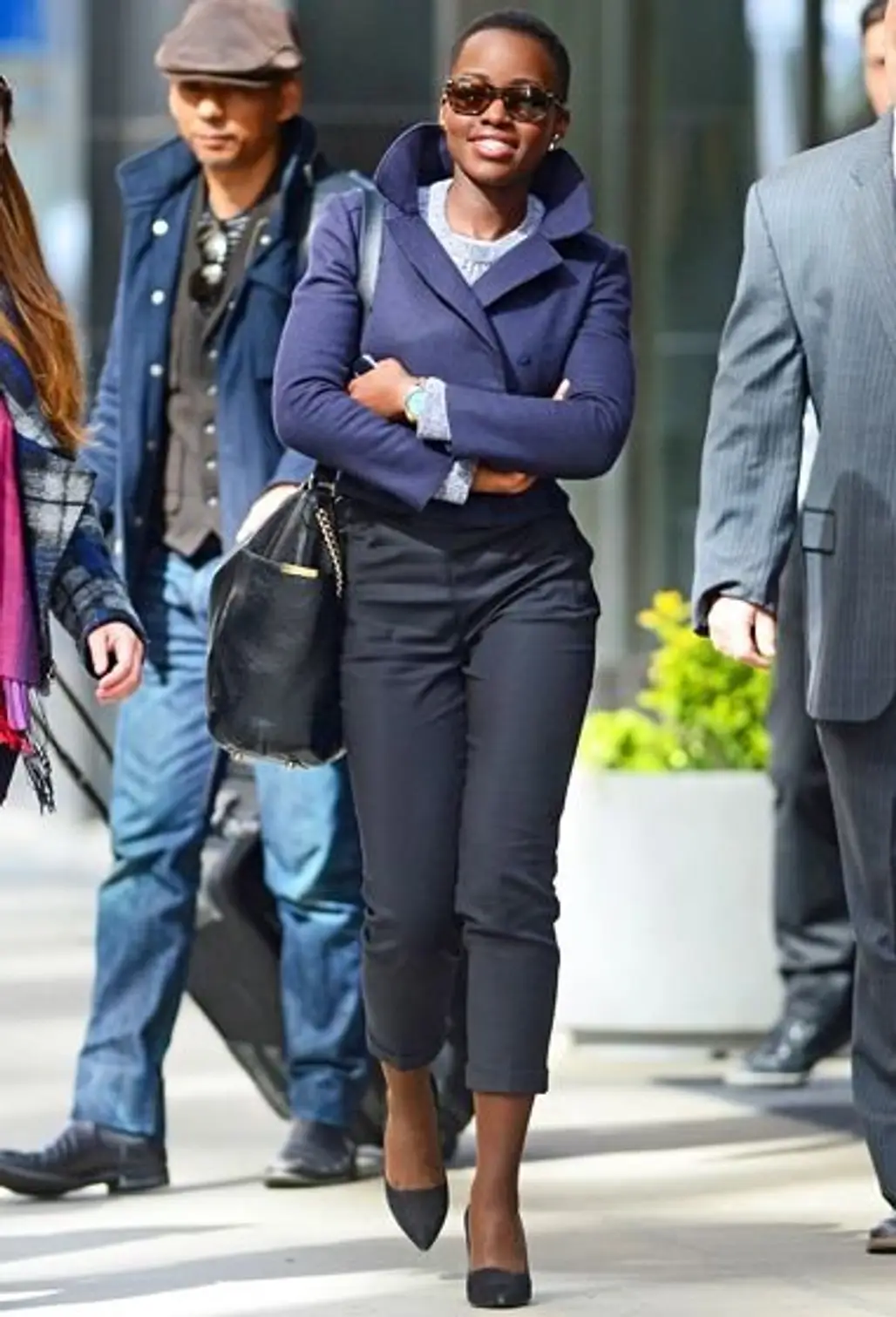Casually Chic in NYC in a Navy Cropped Coat and Black Pants