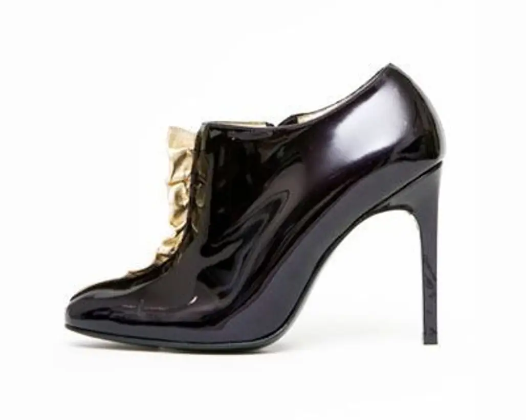 Bruno Frisoni Patent Leather Bootie with Gold Ruffle