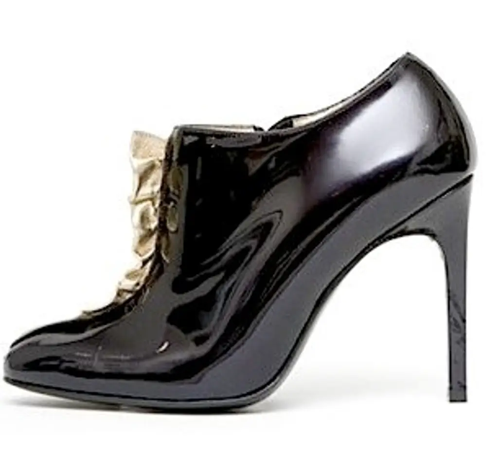 Patent Leather Booties with Gold Ruffles by Bruno Frisoni