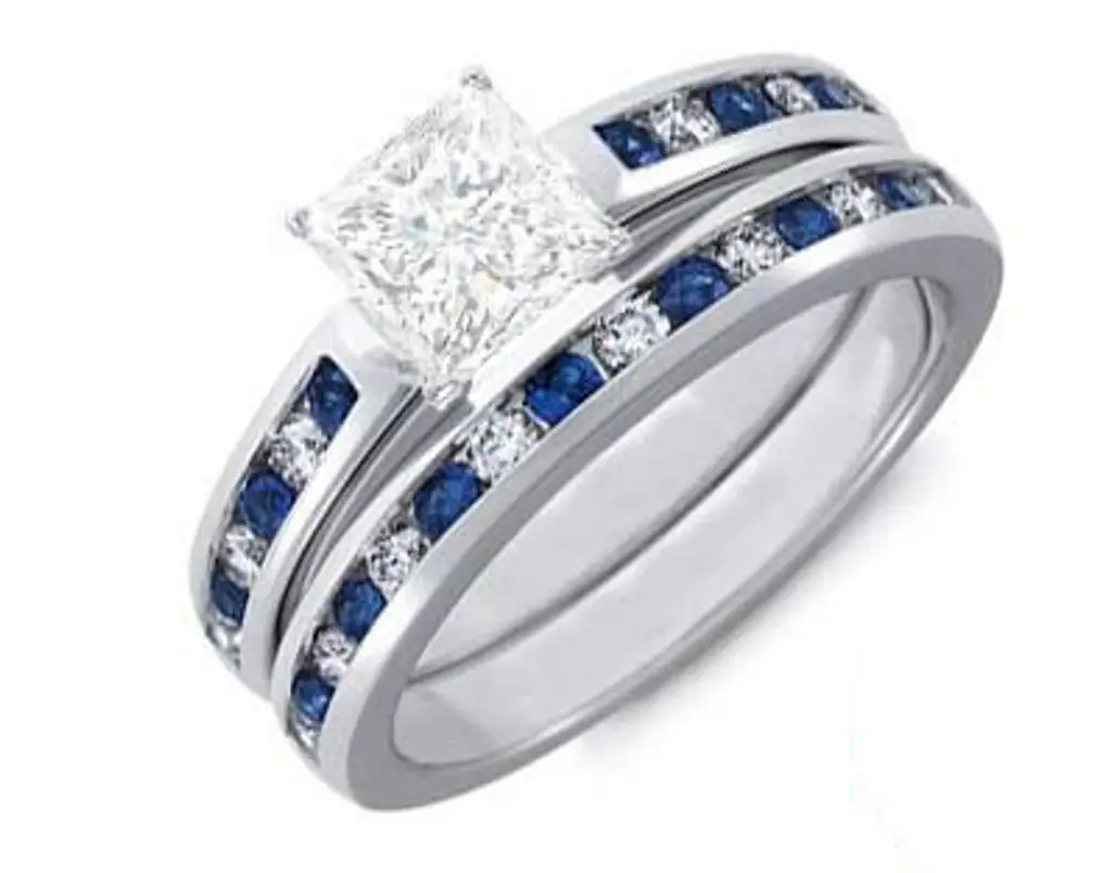 1.40 Carat Princess Diamond and Sapphire Bridal Set on 14K White Gold ...