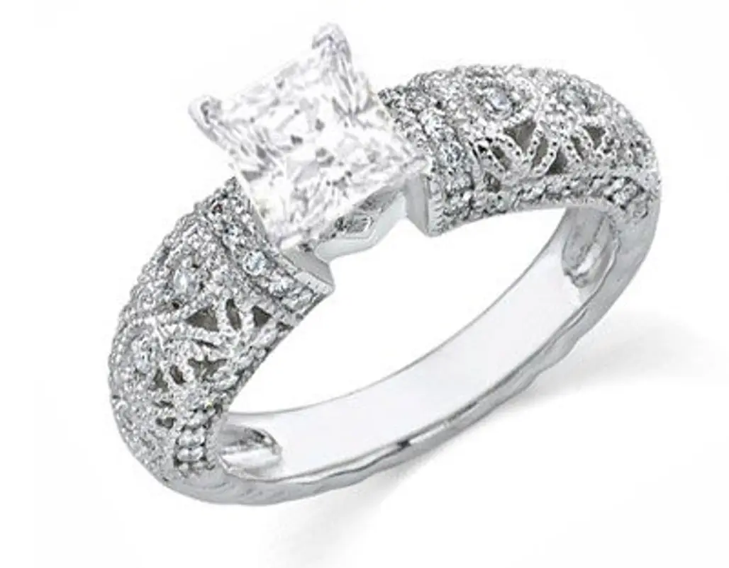 1.25 Carat Princess Carved Antique Style Diamond Engagement Ring on 14K White Gold ...