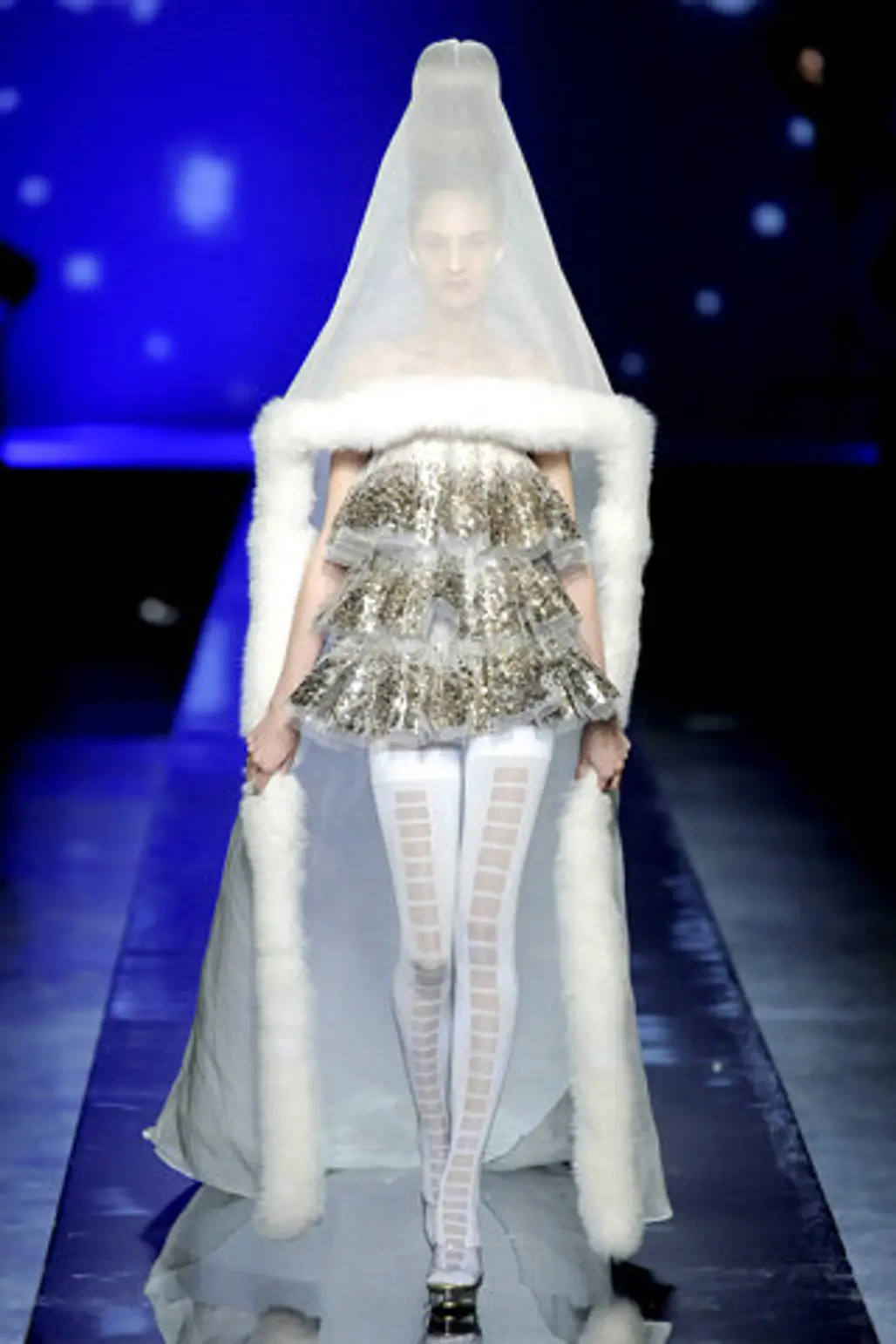 Jean Paul Gaultier Eloquent Wedding Dress with Fur Trimmed Veil and Micro Minidress