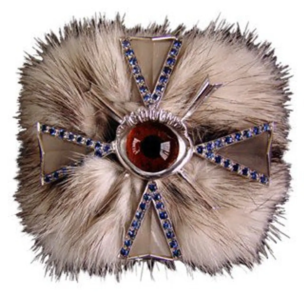 Delfina Delettrez. Fur Bracelet with Silver Cross, Sapphires, Crystals, and Glass