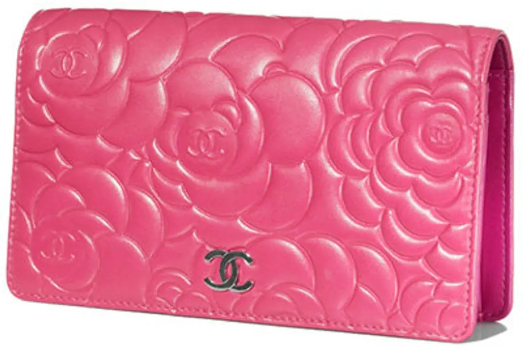 Long Wallet in Calfskin with Embossed Camellias