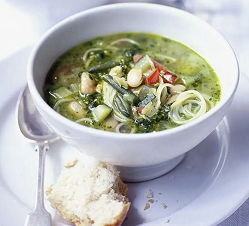 Spring Vegetable Soup with Basil Pesto