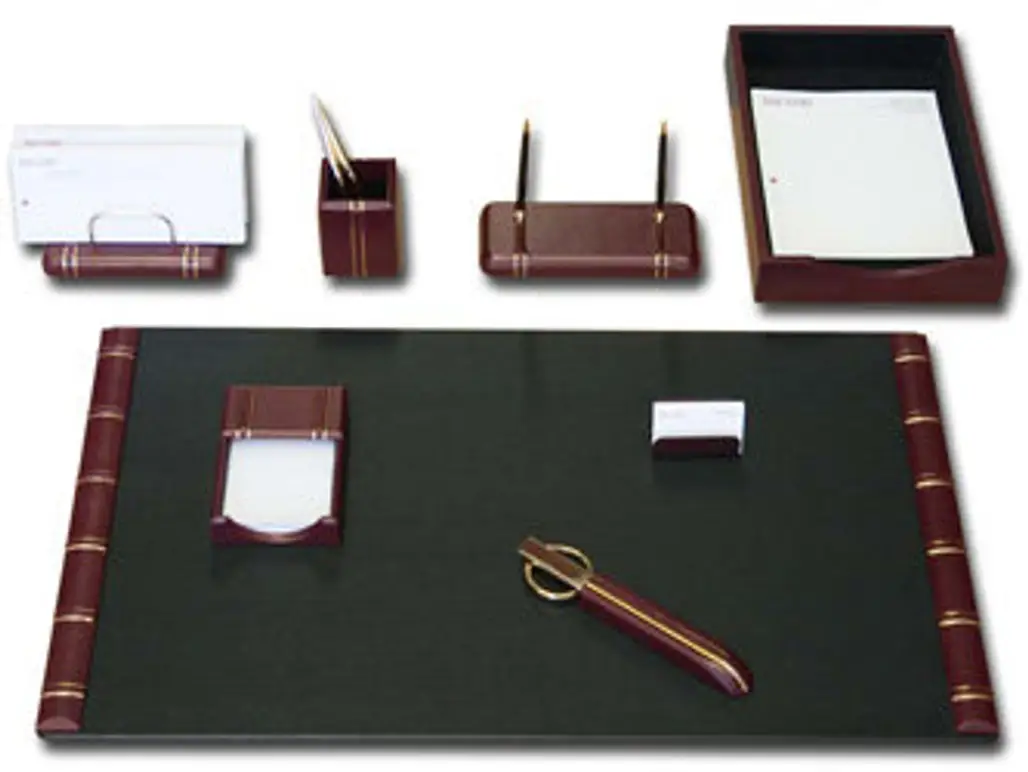 Burgundy Leather Gold Striped 8Pc Desk Set