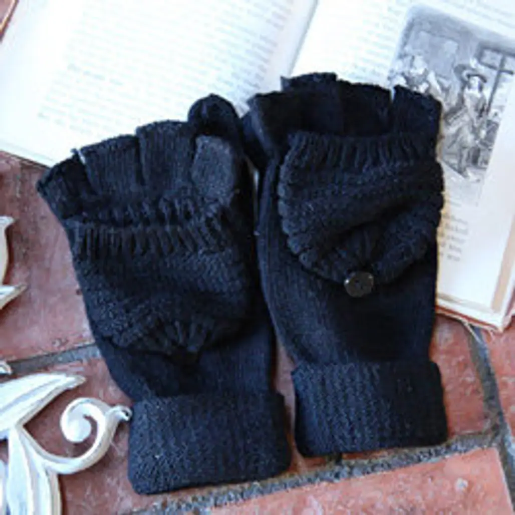 Black Ribbed Sweater Fingerless Mitten Gloves