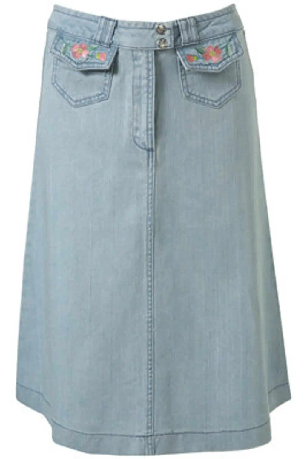 Topshop Pale Blue Denim Flower Embroidery Midi Skirt