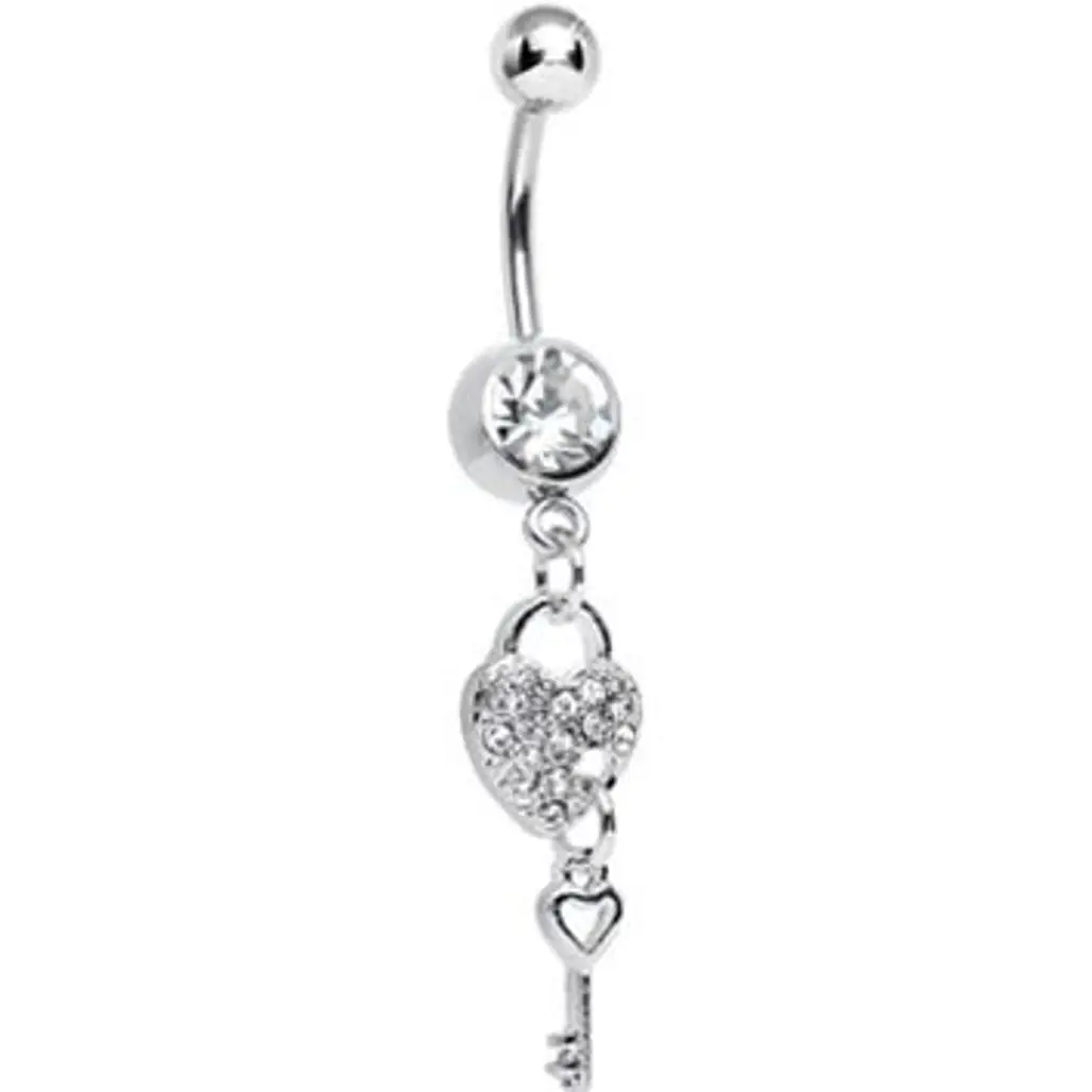Clear Crystal Unlocking Love Padlock and Key Dangle Belly Ring