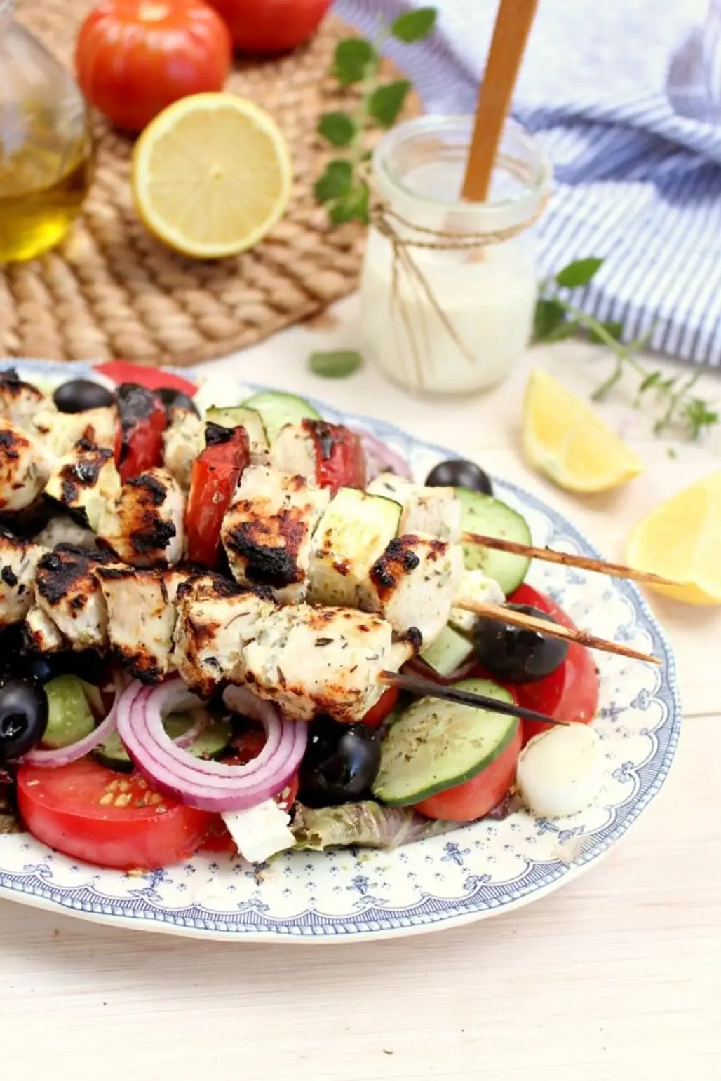 Chicken Souvlaki Kabobs and Greek Salad