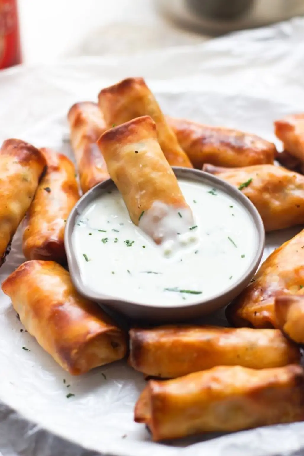 Baked Mini Buffalo Chicken Egg Rolls with Blue Cheese Sauce