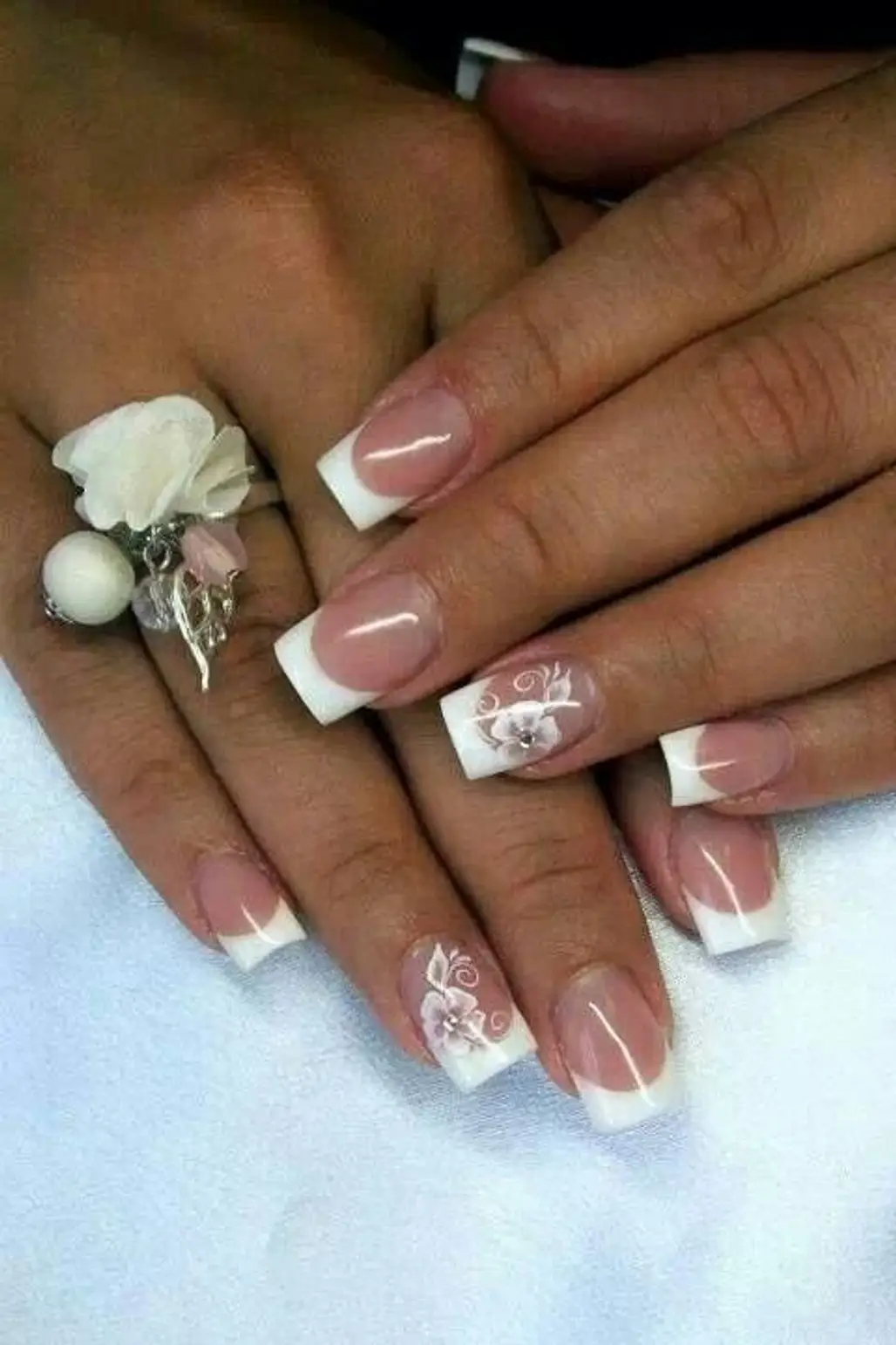 Floral and Rhinestone French Tips