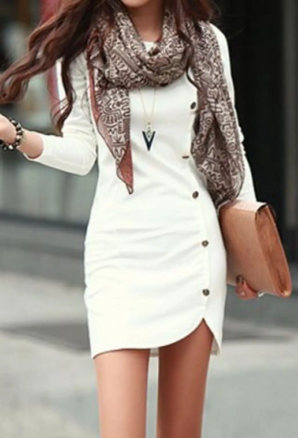 Brown Scarf with Cream Dress