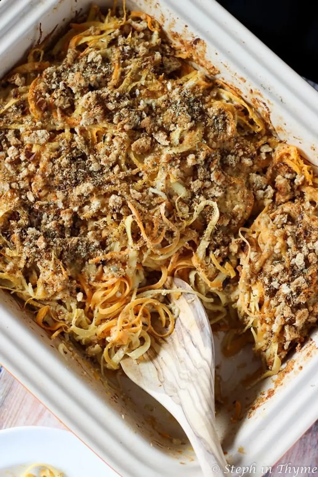Spiralized Root Vegetable Casserole with Turnip, Rutabaga, and Sweet Potato Noodles