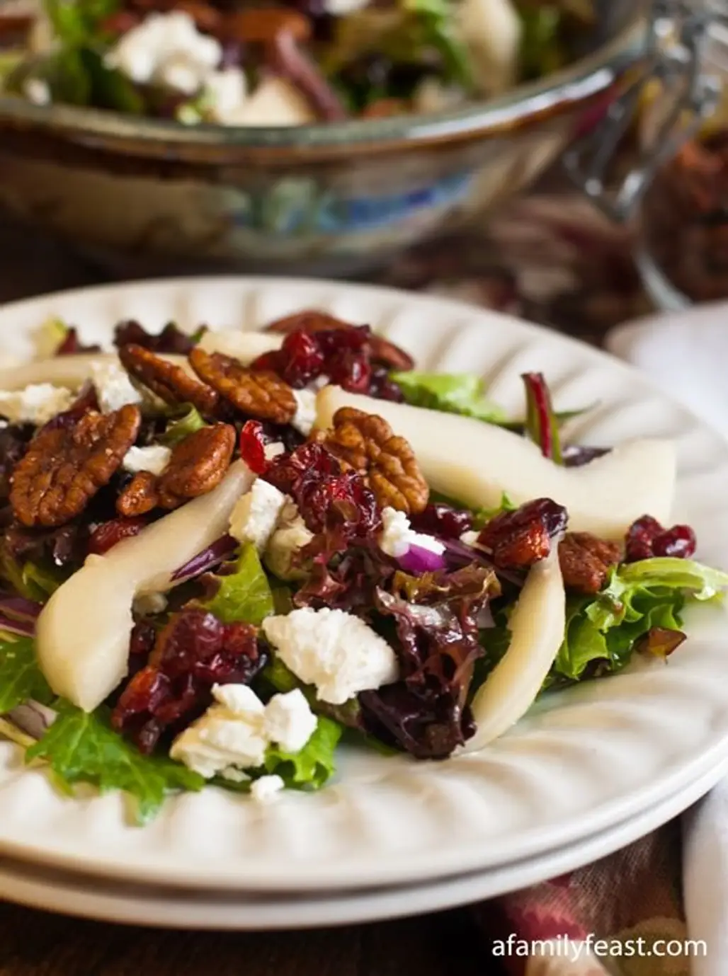 Mixed Greens with Pears, Goat Cheese, Dried Cranberries and Spiced Pecans