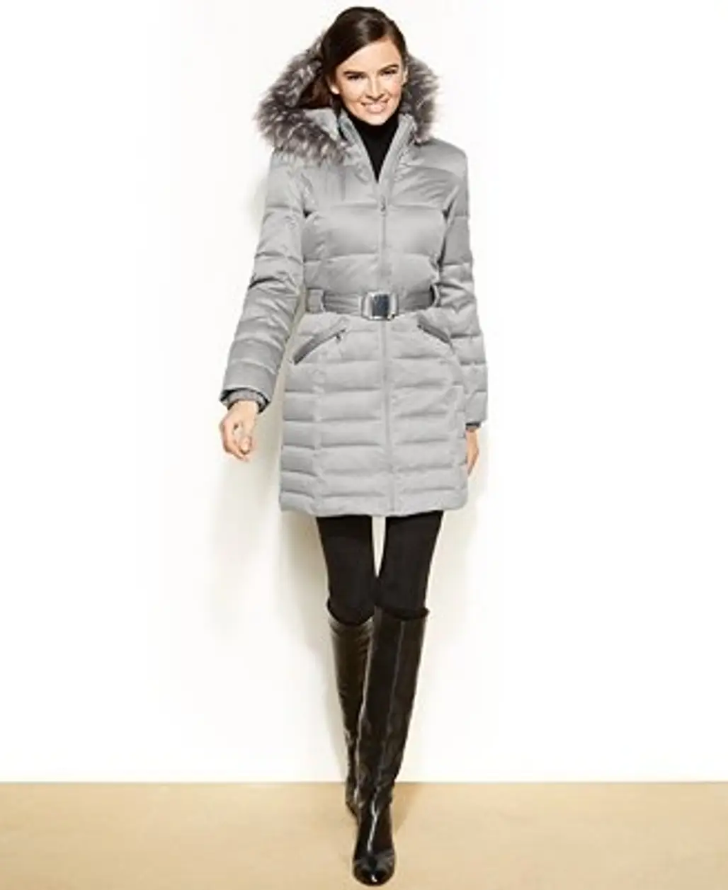DKNY Hooded Faux-Fur-Trim Belted down Puffer Coat