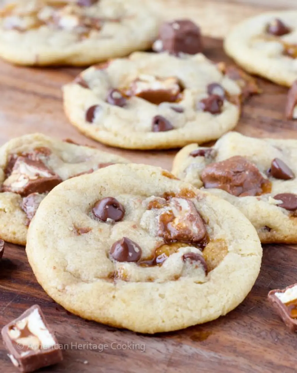 Caramel Stuffed Brown Butter Chocolate Chip Cookies with Snickers