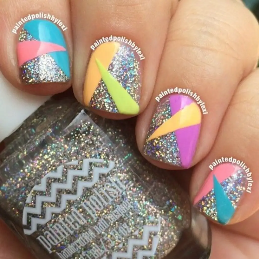 80s Geometry on a Silver Sparkly Background