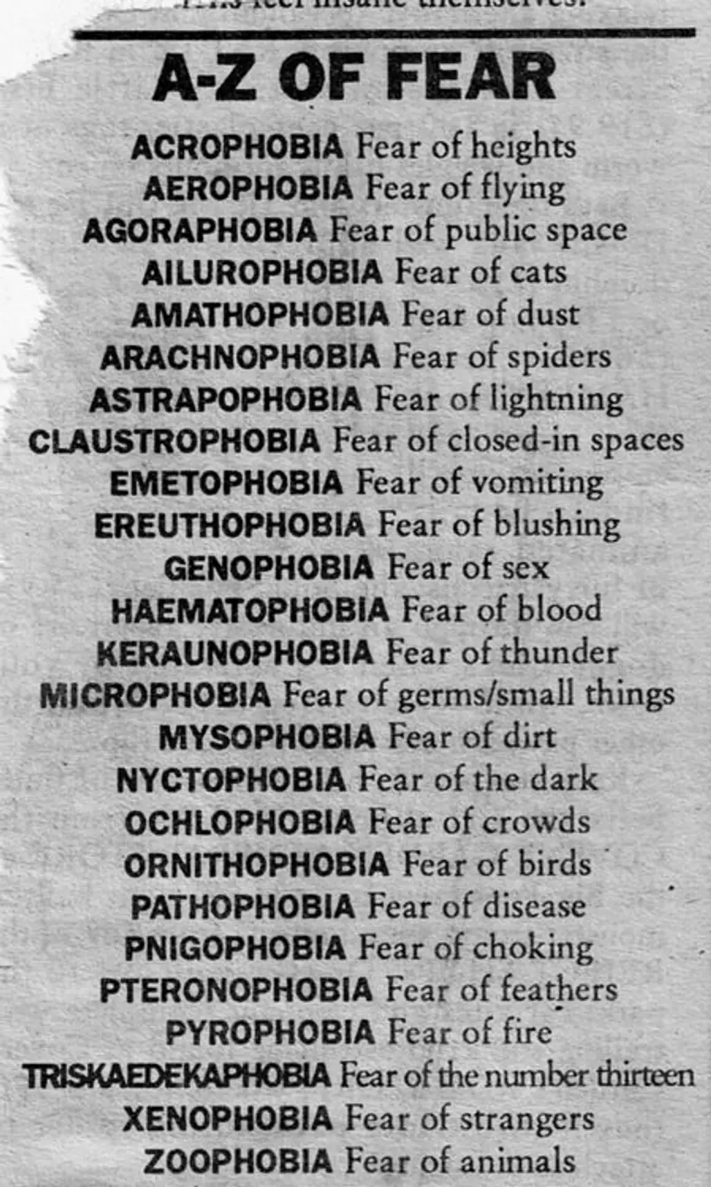 A-Z List of Phobias