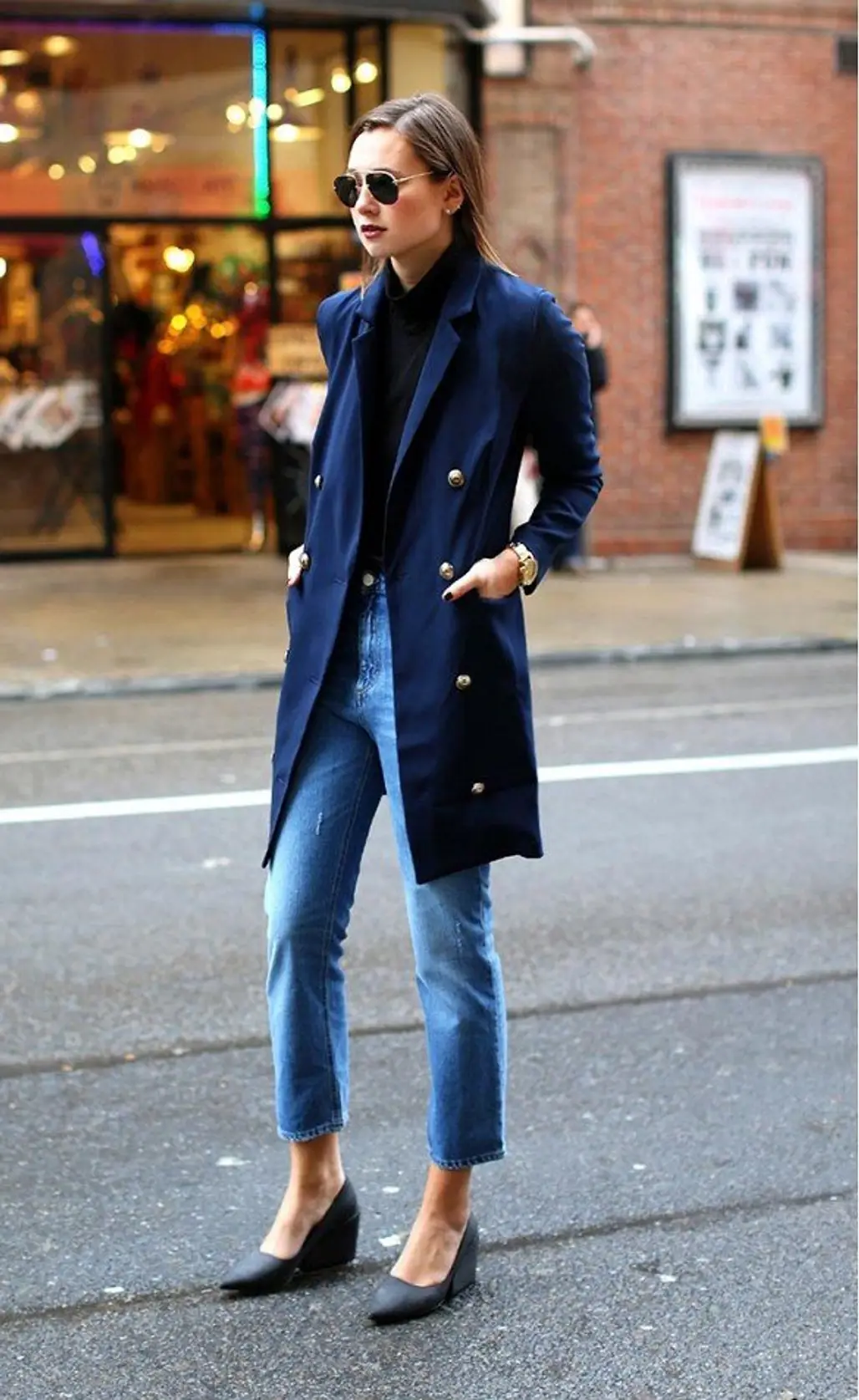 Ankle Length Jeans with a Navy Blue Coat