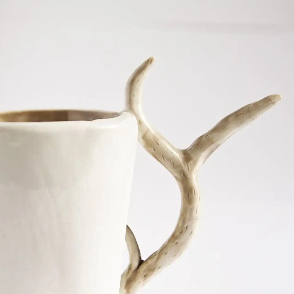 Drinking Mug with Whimsical Deer Antler Handle