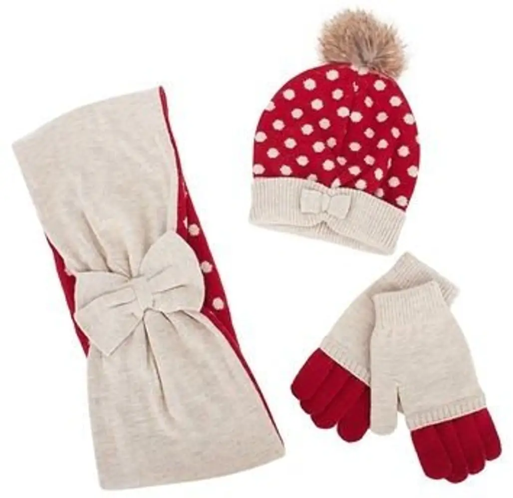 Red Spot Knitted Hat, Gloves and Scarf