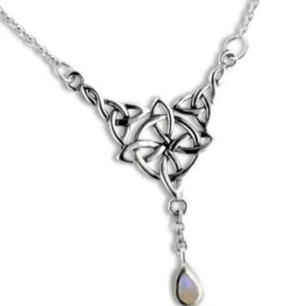 Celtic Knot Four Point North Star with Genuine Rainbow Moonstone Drop
