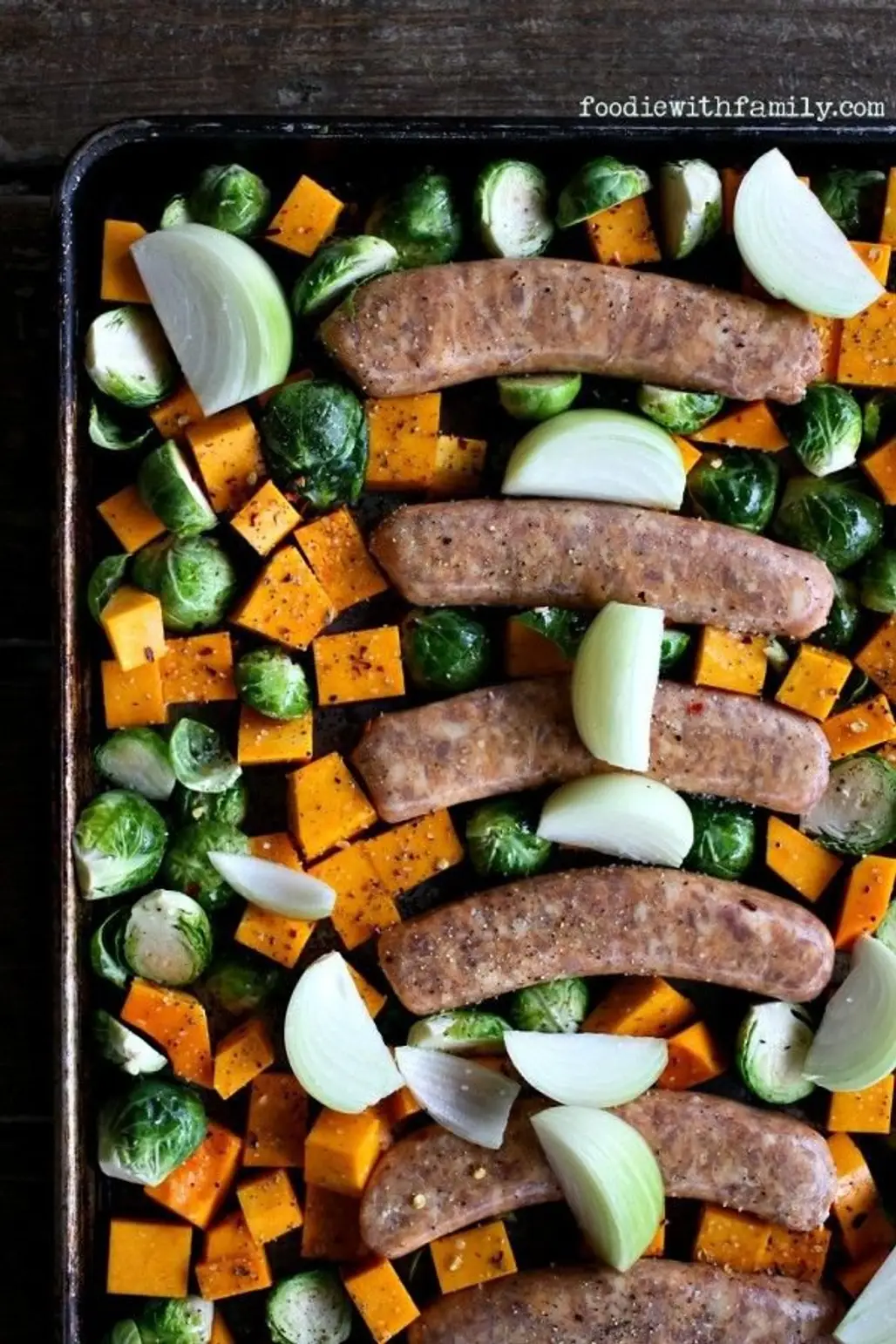 Roasted Brussels Sprouts, Butternut Squash, and Sweet Italian Sausage