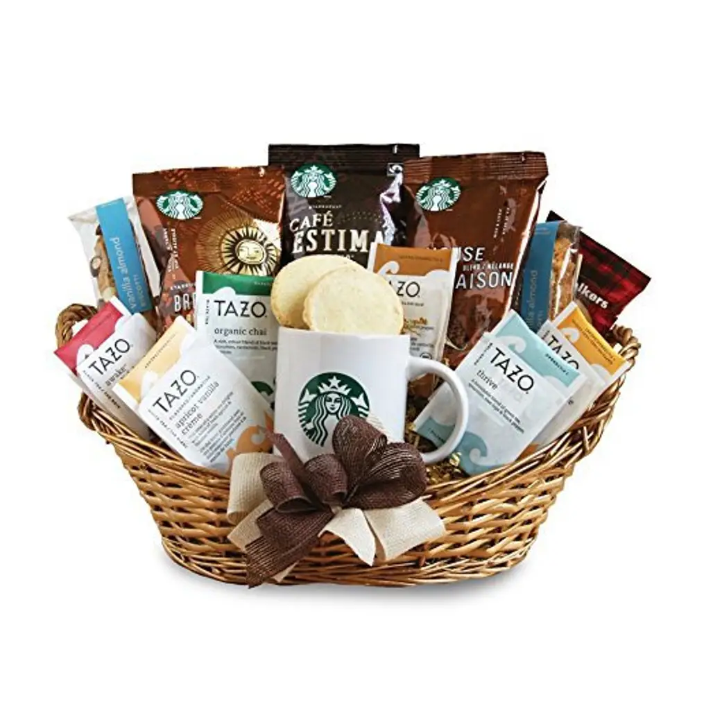 Starbucks, gift basket, basket, hamper, food,