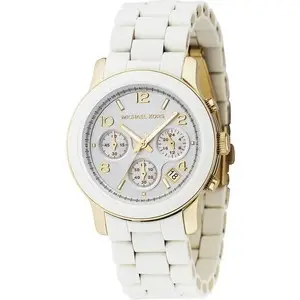 Michael Kors "White Mid-Sized Chronograph Watch" in White and Gold