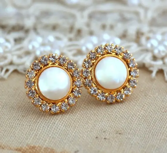 Gold Pearl Studs Crystal Stud Earrings Swarovski Crystal