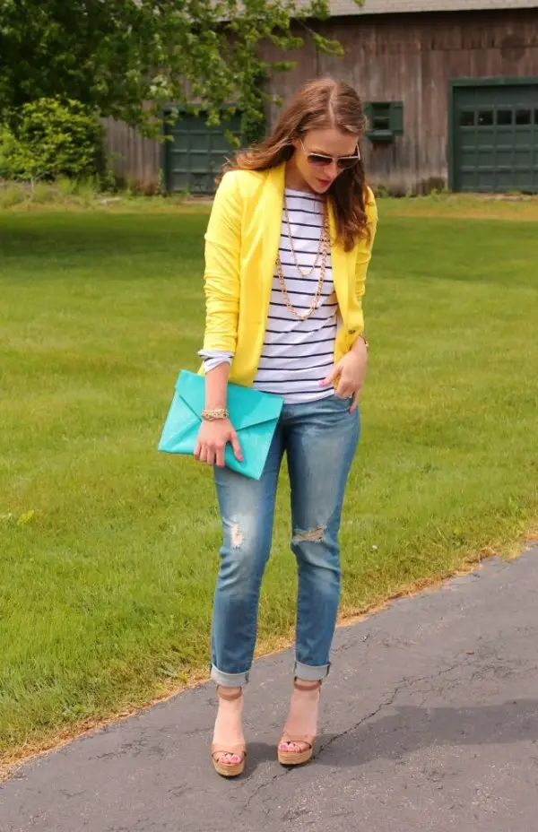 Bright Yellow Blazer with Stripes and a Teal Clutch