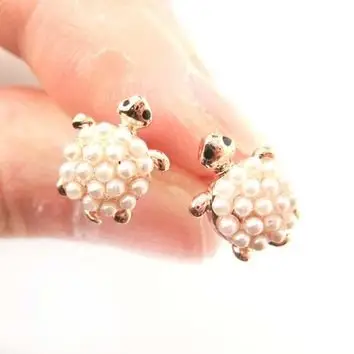 Turtle Tortoise Sea Animal Small Stud Earrings in Rose Gold with Pearls