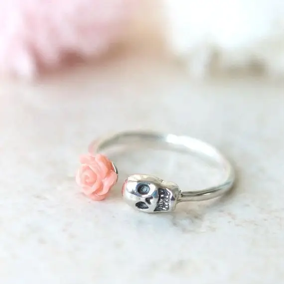 Pink Rose and Skull Ring