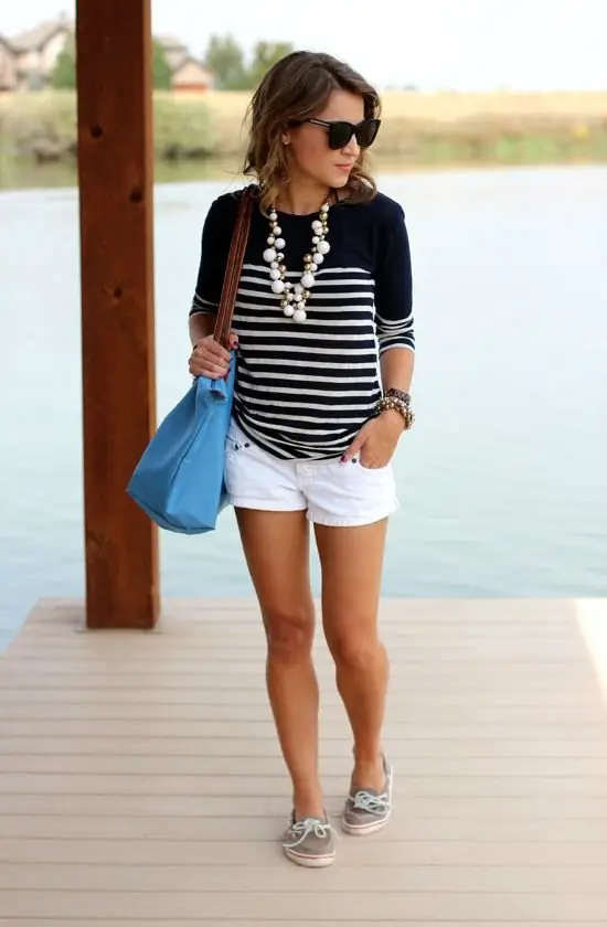 Striped Tee, White Shorts, & Deck Shoes