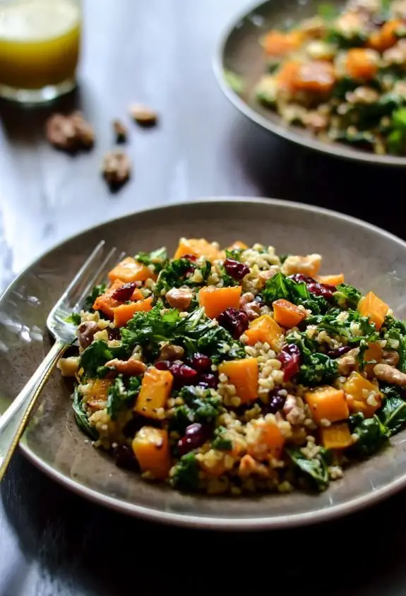 Maple Roasted Butternut Squash and Freekeh Salad with Cranberries and Kale