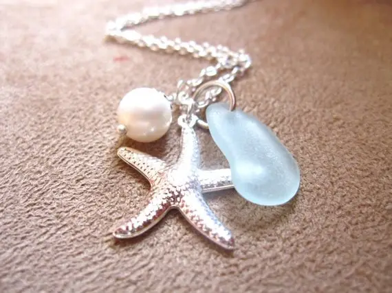 Seafoam Beachglass Necklace with Starfish & Fresh Water Pearl