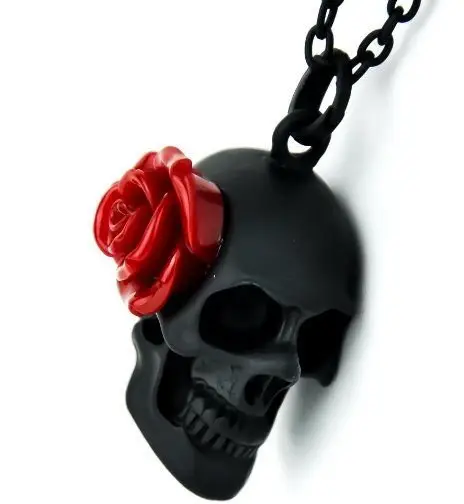 Black Skull Necklace with Red Rose on the Side