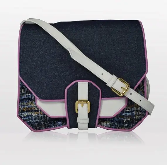 Denim and Leather Cross Body Bag with Purple Piping