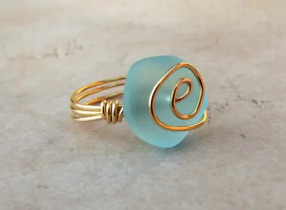 24K Gold Blue Sea Glass Ring