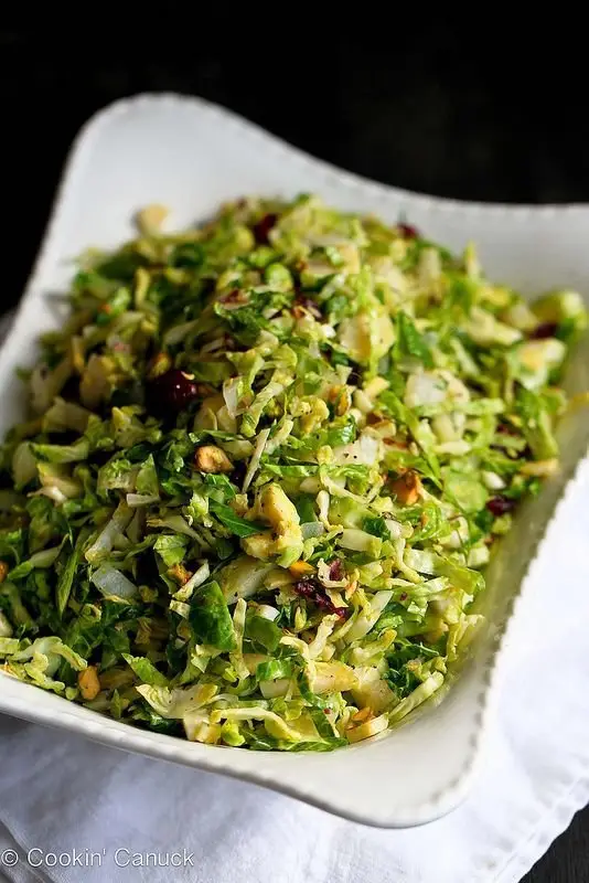 Shredded Brussels Sprouts with Pistachios, Cranberries & Parmesan