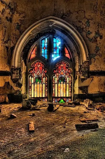 Stained Glass Window in an Abandoned Church