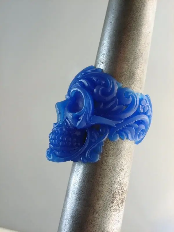 Bright Blue Skull Ring Carving
