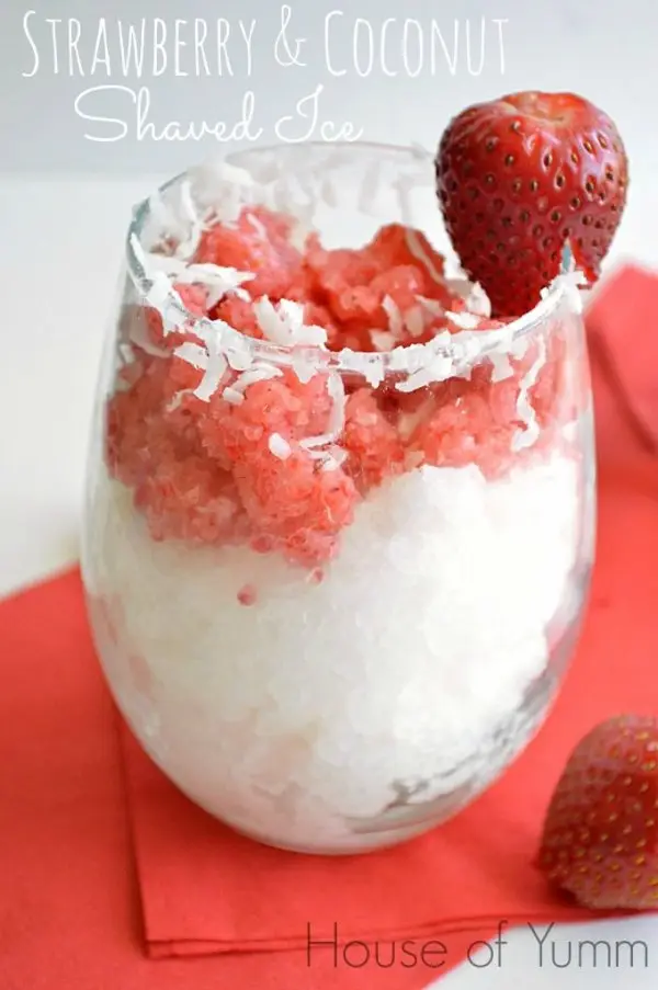 Strawberry snow cone- crushed ice, a splash of lemon juice, and