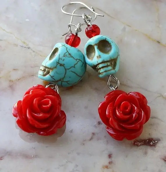 Red Rose and Turquoise Skull Dangle Earrings