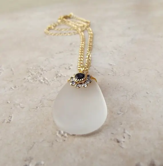 White Sea Glass Necklace with Jet Black Swarovski Flower
