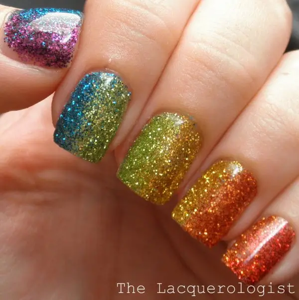 Rainbow Nails with Lots of Glitter